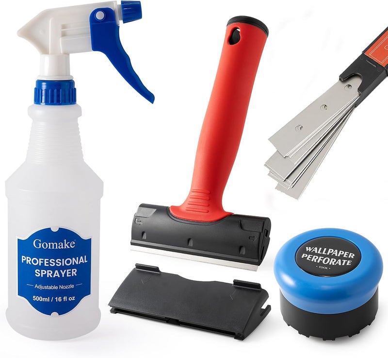 Gomake Wallpaper Remove Tool Set With Perforating Scoring Tool,Spray Bottle,4 inch Razor Blade Scraper Sticker Remover to Peel Contact Paper Vinyl Backsplash Window Film Wallpaper Adhesive - Image 1